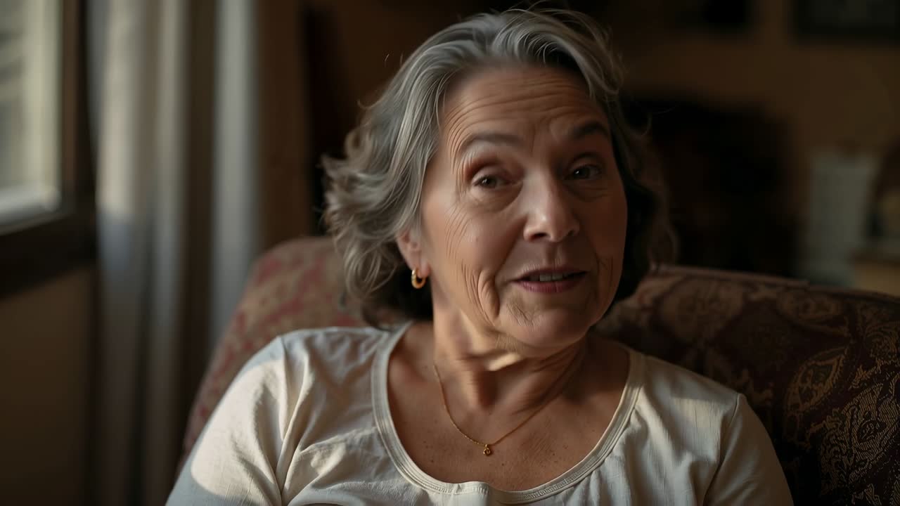 Anziana donna sorridente reagisce a una voce, girando la testa e chiudendo gli occhi, seduta su una poltrona a fantasia vicino alla finestra.