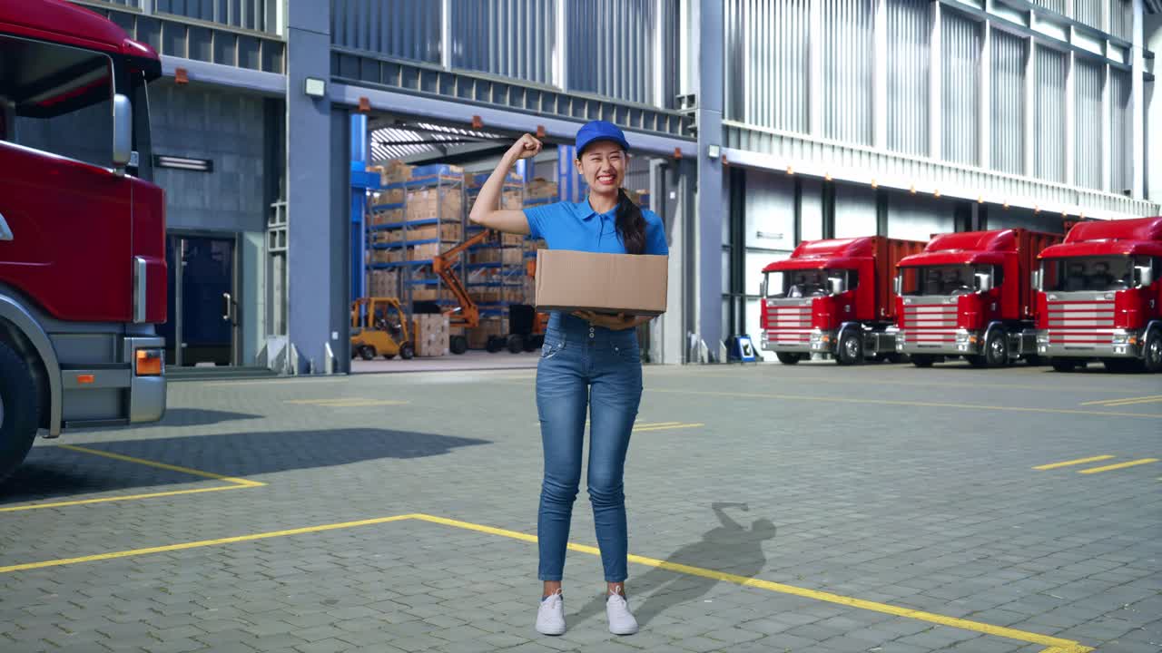 Full Body Of Asian Female Courier In Blue Uniform Smile And Flex Muscle While Delivering A Carton, Outside Warehouse