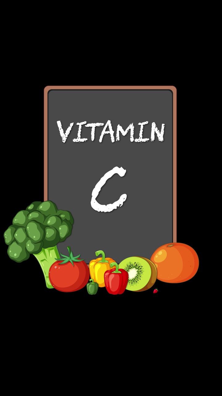 Frutta e verdura animate circondano il segno della Vitamina C, colori vivaci, sfondo nero, stile piatto.