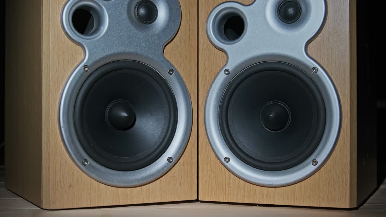 los altavoces de audio vibran de sonido bajo en cámara lenta sobre fondo negro