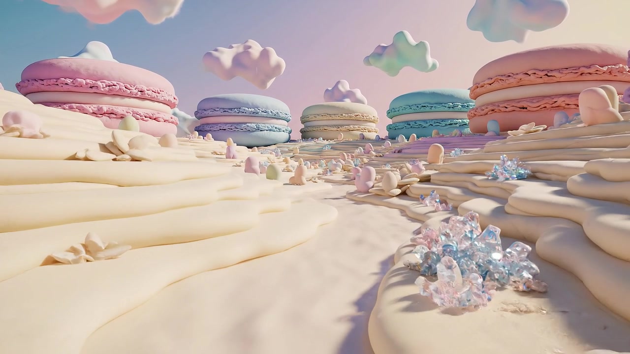 Whimsical Macaron Valley with Flowing Vanilla Cream Rivers
