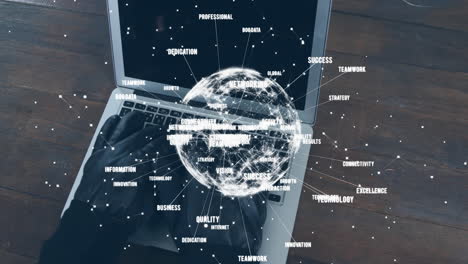 animation of network of connections and globe over caucasian man using laptop