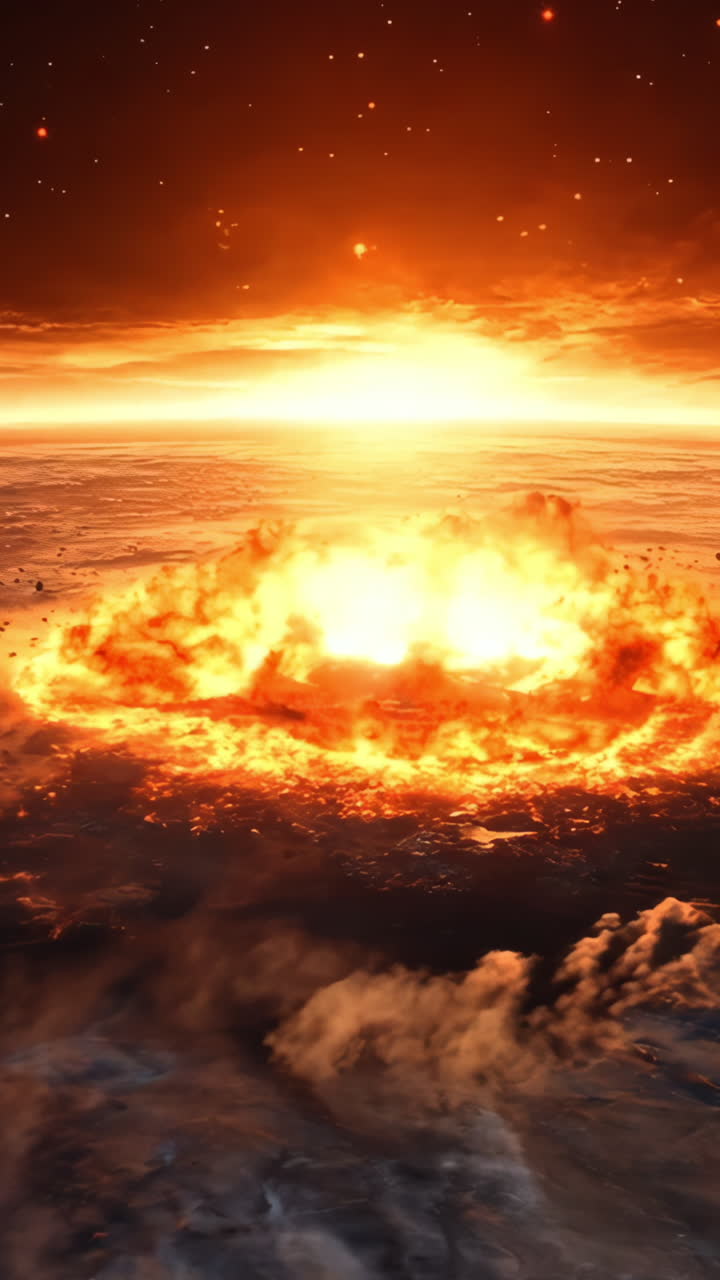 A fiery explosion is depicted in the sky, with the sun shining brightly in the background. The scene is intense and dramatic, with the fire and smoke filling the sky