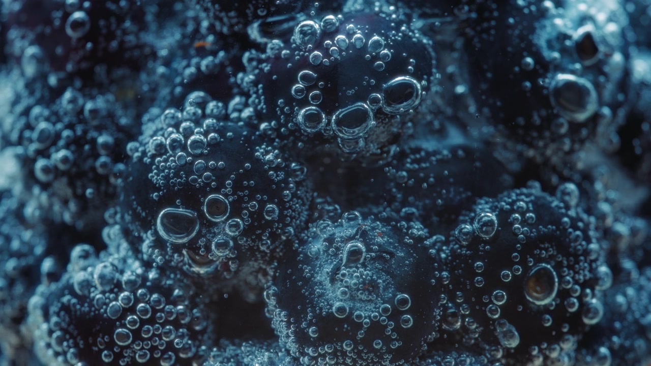 Macro close-up van bosbessen in bruisend water met luchtbellen. Slow motion.