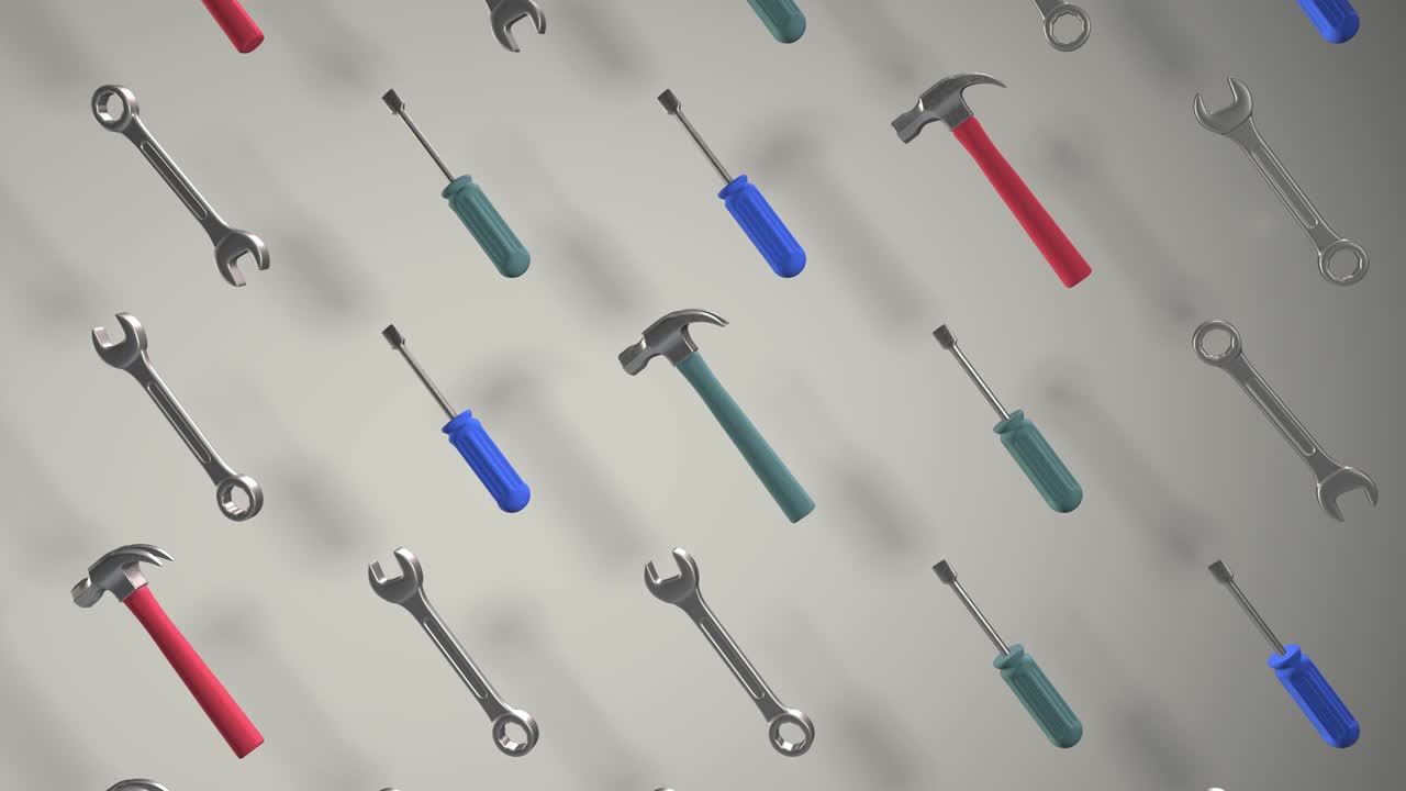 도구 키트에는 망치 기 스크류 드라이버가 포함되어 있습니다. 패턴. 회전. 현실적인 애니메이션. 상점, 유지보수, 수리. 루프를 표시합니다.
