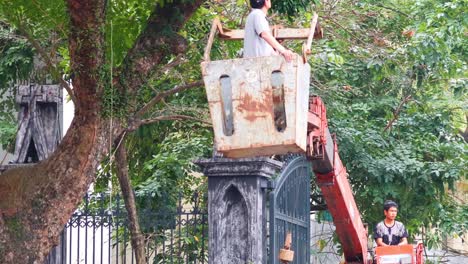 worker operates crane near historic cathedral facade