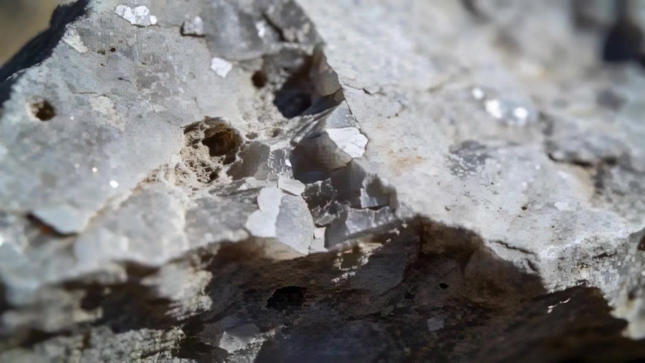 Telecamera che si muove rivelando roccia pallida fratturata in un affioramento luminoso, mostrando scaglie di mica e cavità.