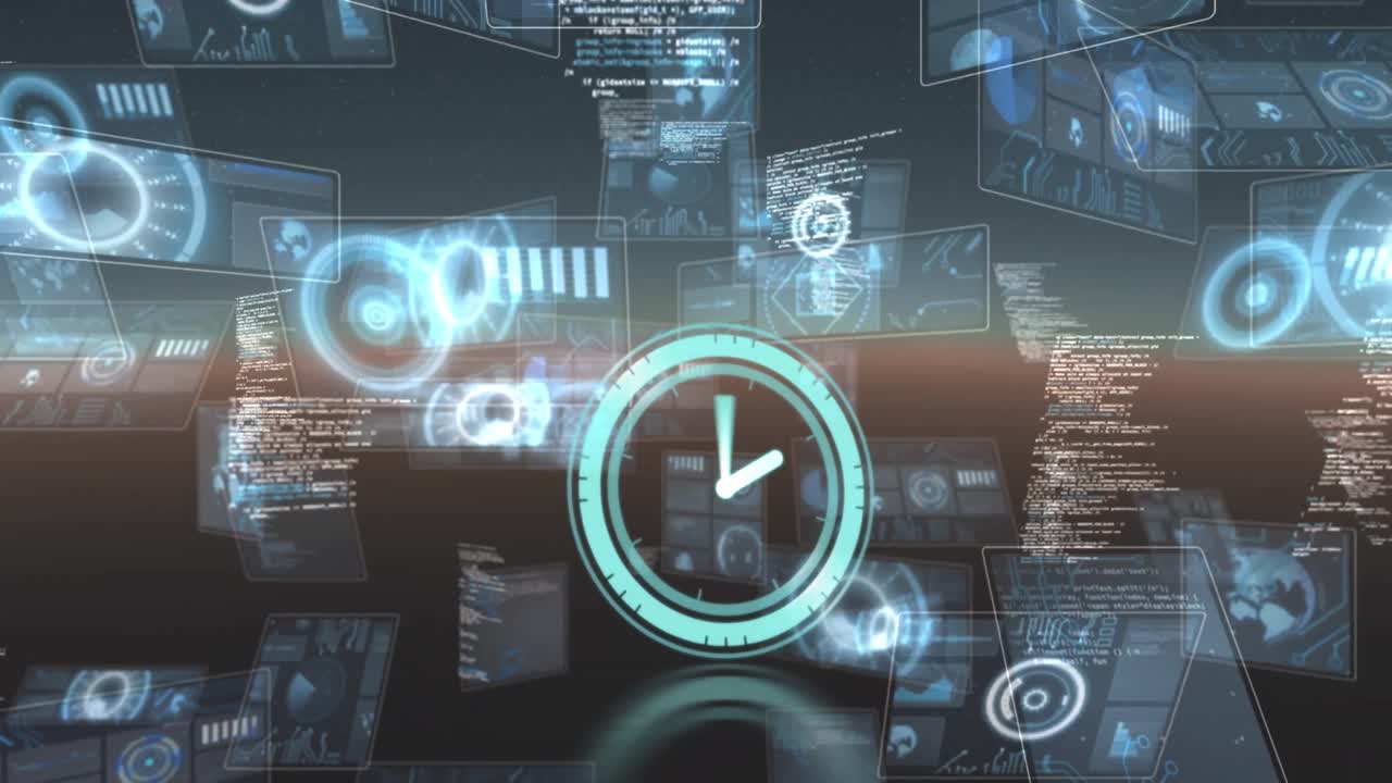 reloj digital de neón haciendo tictac frente a múltiples escáneres redondos y procesamiento de datos sobre fondo azul