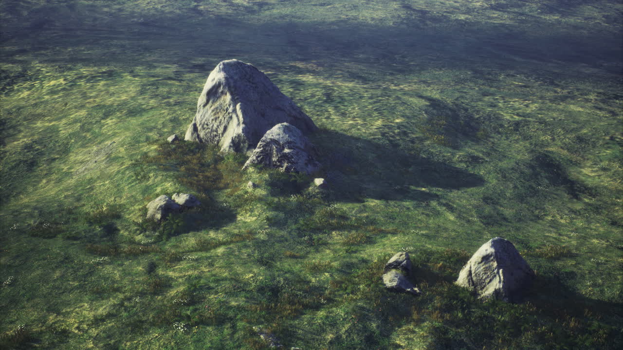 Rugged stones scattered across a green meadow in soft sunlight