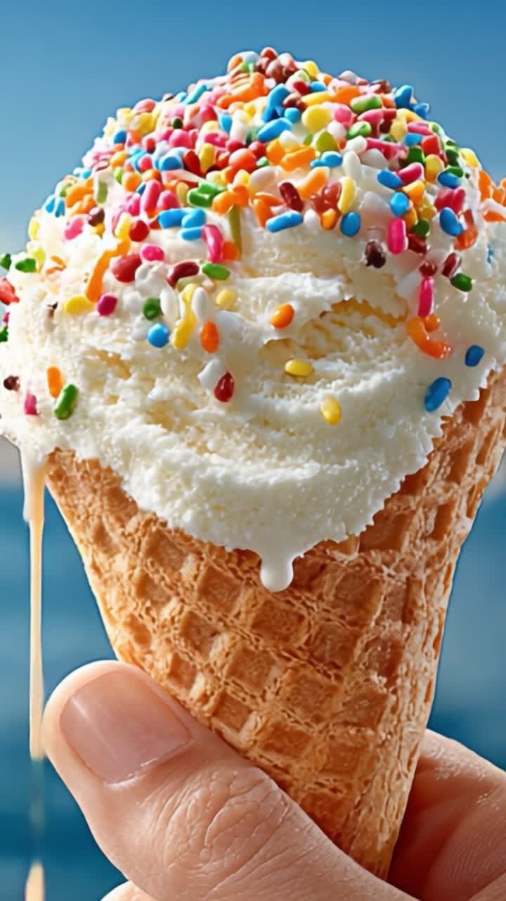 Un delizioso cono gelato guarnito con codette colorate si scioglie in mano vicino ad acque cristalline, offrendo un'esperienza rinfrescante e tipicamente estiva.