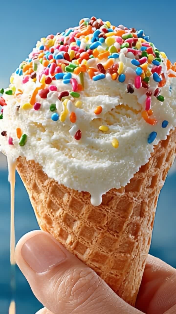 Un delizioso cono gelato guarnito con codette colorate si scioglie in mano vicino ad acque cristalline, offrendo un'esperienza rinfrescante e tipicamente estiva.