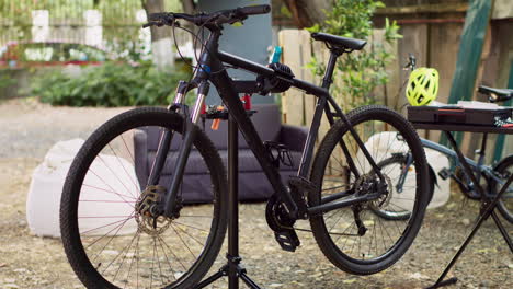 otudoor examining and mending of bicycle