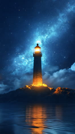 a lighthouse is lit up in the dark night sky. the lighthouse is surrounded by water and the sky is filled with stars