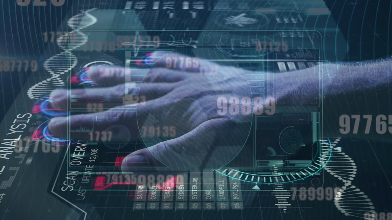 múltiples números cambiantes a través de la interfaz digital contra el escaneo de la mano humana a través de un escáner biométrico