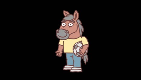 personaje de caballo mostrando los pulgares hacia arriba y sosteniendo una pelota de fútbol. animación cuadro por cuadro. canal alfa