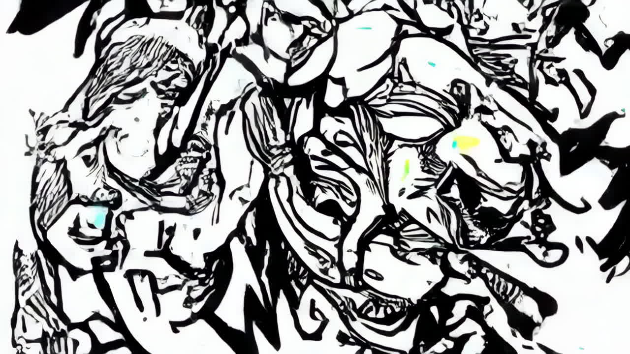 Abstract Black and White Line Art with Stylized Cartoon Character