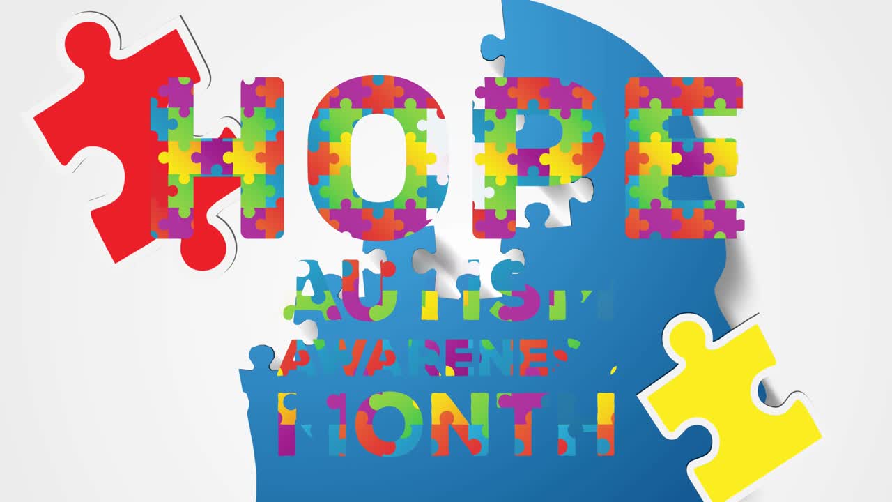 인간 머리 위에 떨어지는 퍼즐의 애니메이션, 미로, 퍼즐로 형성된 희망 텍스트