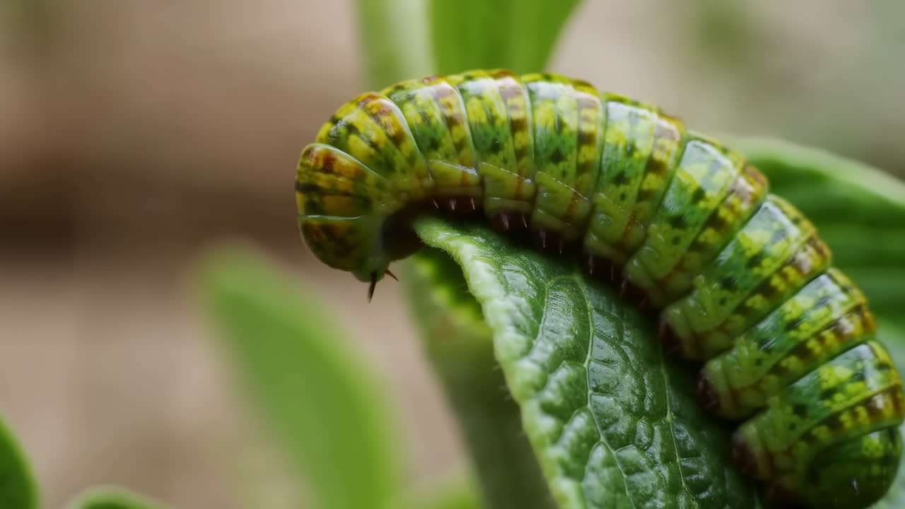 Bruco verde che si muove lentamente su una foglia.