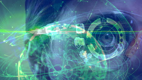 animación de redes de conexiones y globo sobre mujer usando auriculares vr