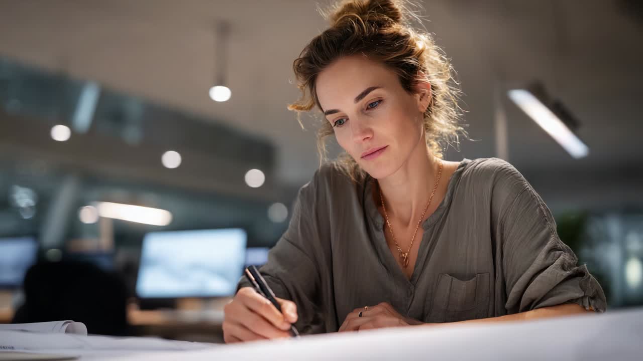 Focused Professional in a Modern Office Engaged in Creative Work, Carefully Writing and Sketching Ideas on a Large Sheet of Paper Surrounded by Technology and Inspiration, Emphasizing Concentration and Dedication