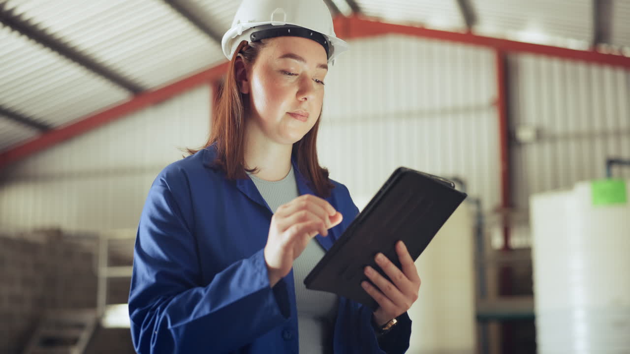 mujer, tableta y técnico en el almacén