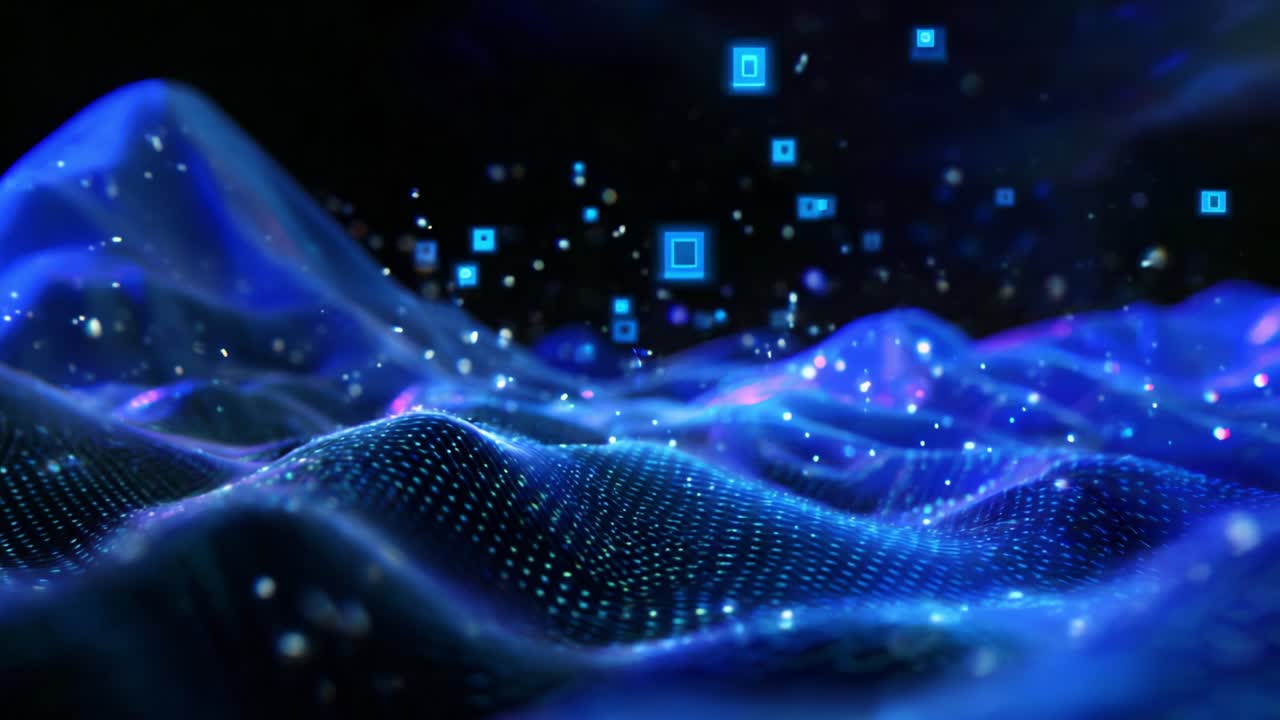 A Glimmering Landscape of Digital Waves and Floating Particles: An Exquisite Visual Composition Showcasing the Flow of Tech, Data, and Light in a Dynamic Fusion of Color and Form