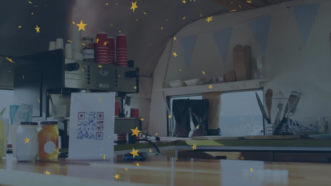 QR code and coffee machine on counter with star animation overlay