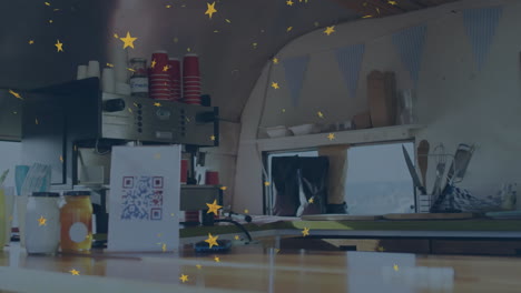 qr code and coffee machine on counter with star animation overlay