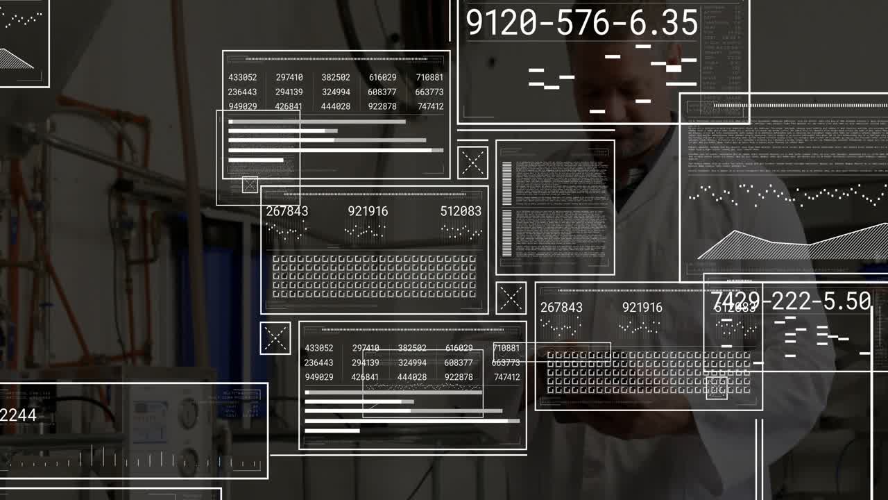 Swiping tablet male technician in chemical lab activating floating data windows monitoring systems