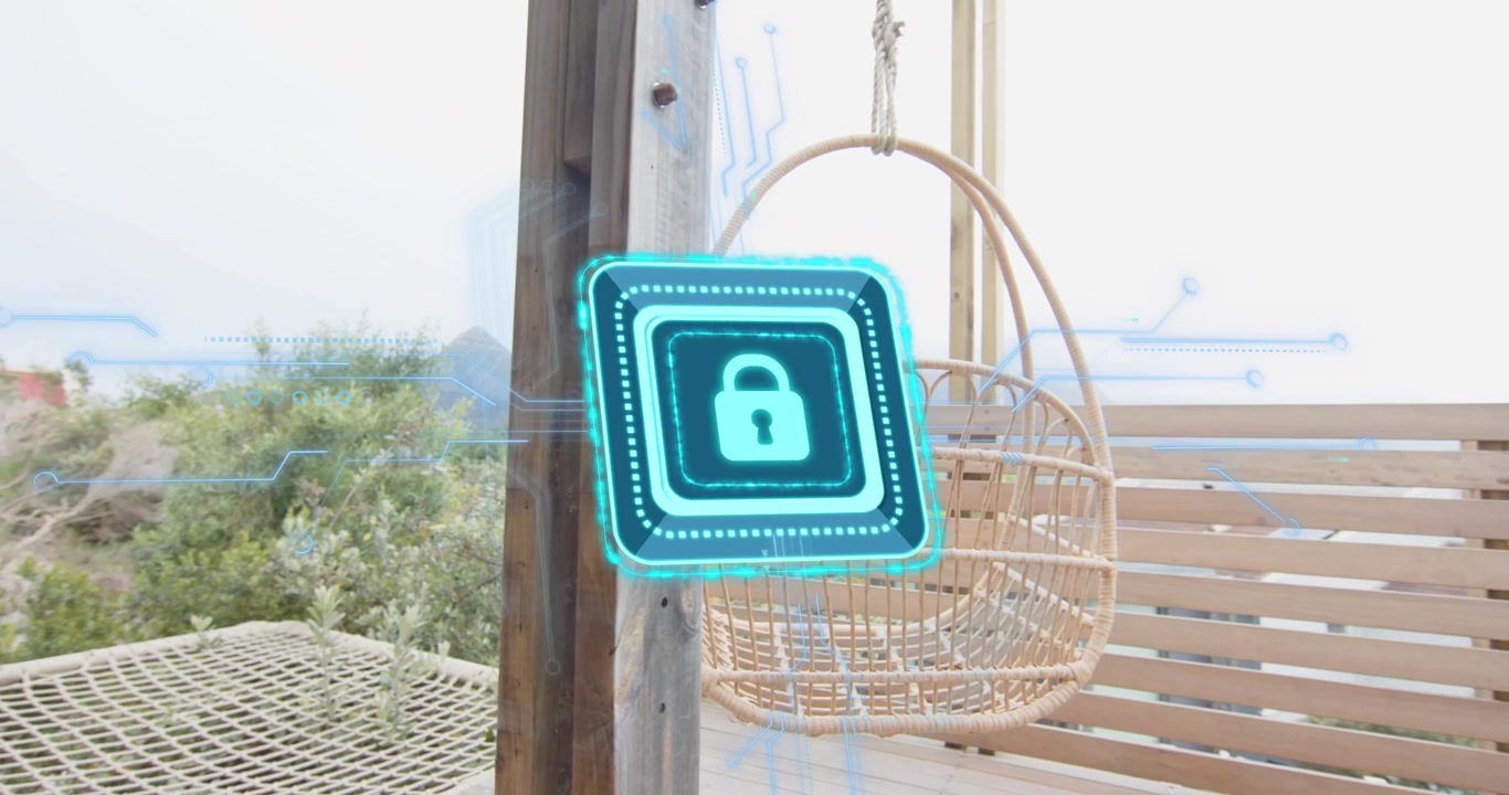 Icona di lucchetto blu luminoso che si materializza su un palo di legno, pulsante e scorrevole, mostrando sicurezza digitale