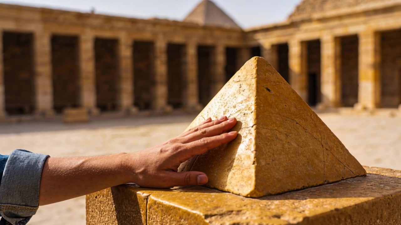 Muž s ohrnutým džínovým rukávem, veden zvědavostí, posouvá ruku po malé pyramidě u zřícenin a cítí kámen.