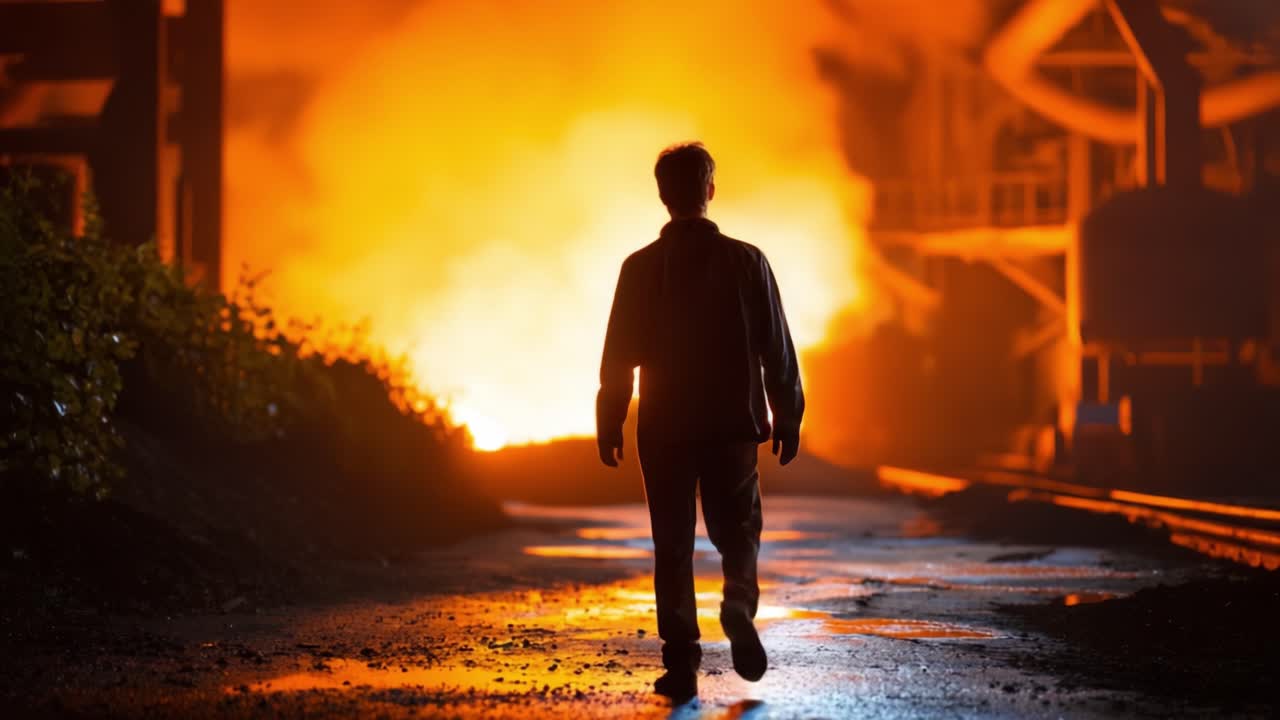 Una figura solitaria si allontana da una scena industriale infuocata, incarnando la resilienza sullo sfondo di fornaci incandescenti e un ambiente drammatico al crepuscolo.