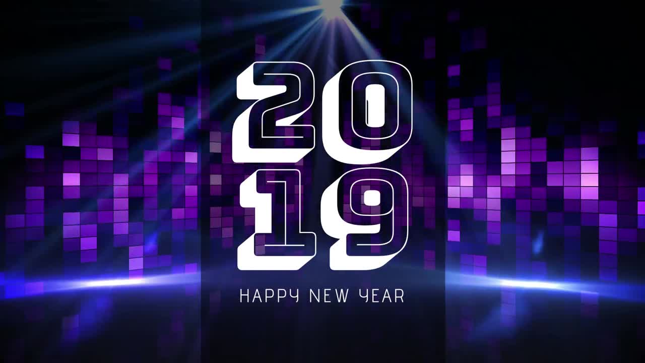 Purple music lights against 2019 New Year sign 4k