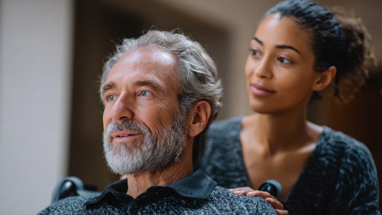 A thoughtful moment shared between a caregiver and a senior man in a wheelchair, reflecting connection, care, and support in an intimate setting
