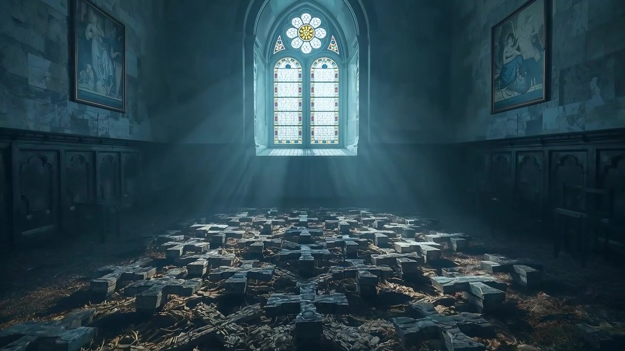 Luce solare sempre più intensa che filtra attraverso un rosone ad arco, mostrando croci e paglia sul pavimento della cappella.