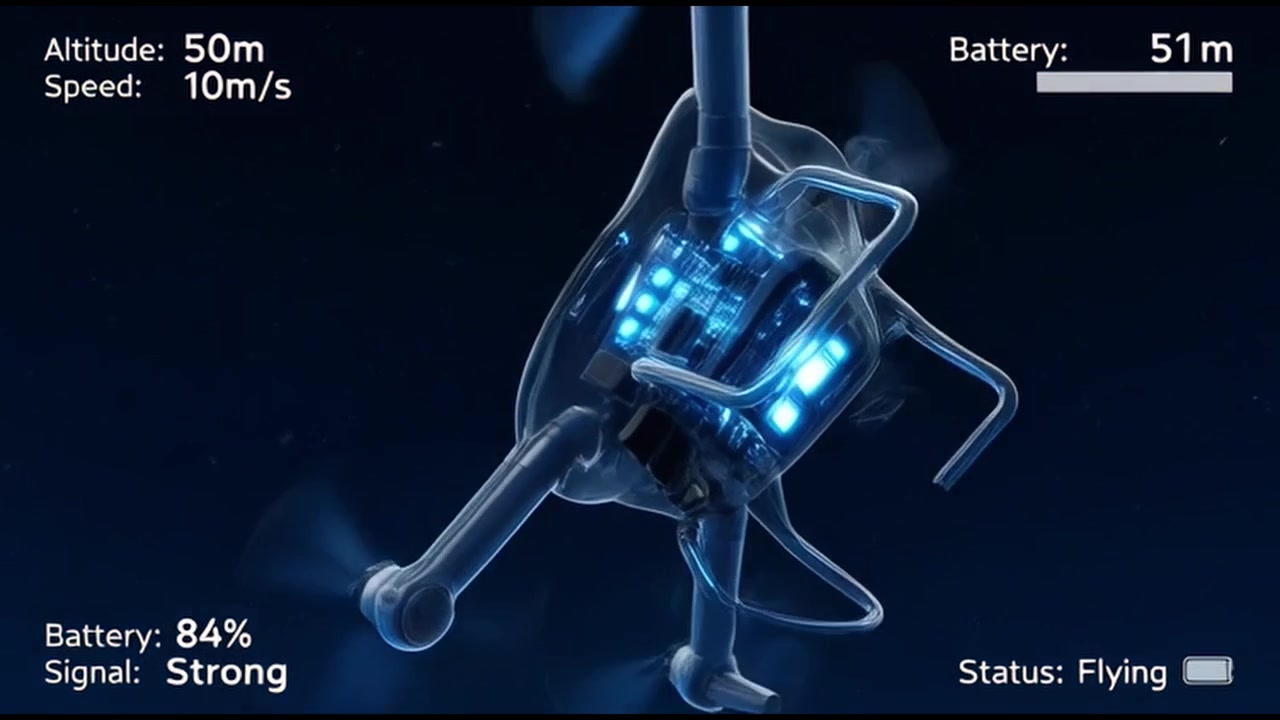 Animeret gennemsigtig drone, der viser interne komponenter og flyvedata