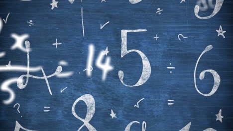 animación digital de múltiples iconos de conceptos escolares contra símbolos matemáticos en fondo azul