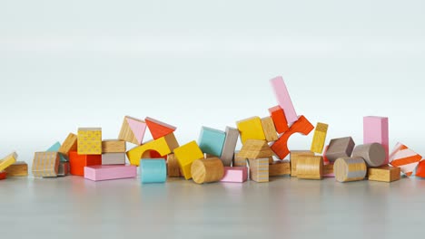 rapid, instant demolition of a castle made out of colorful, wooden blocks. explosion of toy construction bringing joy and happiness to its creator. young kid learning basics of physics.