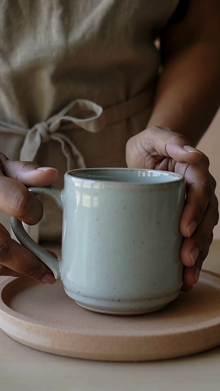 Vertical video: Holding pale mug over tray, woman in beige apron lowering it on counter for serving