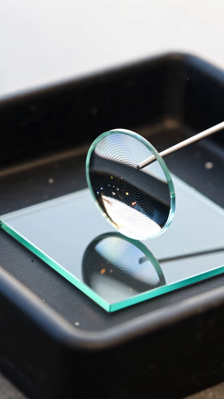 Glass lens demonstrating light interference patterns on a reflective surface in a lab setting