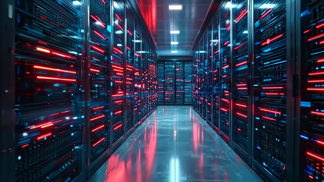 una larga fila de servidores en un centro de datos