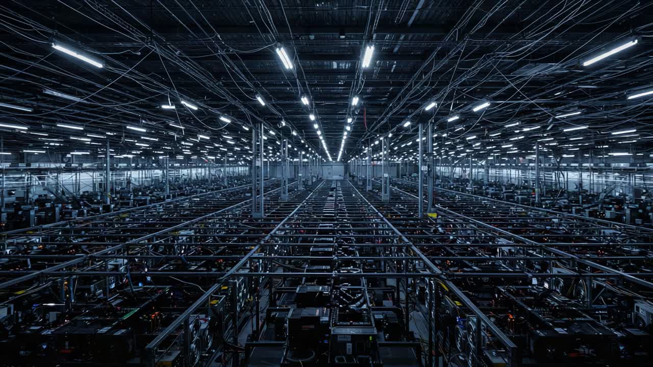 A Vast Indoor Data Center: Exploring the Expansive Rows of Computer Racks and Complex Wiring in a State-of-the-Art Technology Facility