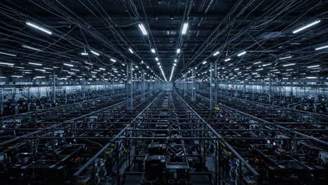A Vast Indoor Data Center: Exploring the Expansive Rows of Computer Racks and Complex Wiring in a State-of-the-Art Technology Facility
