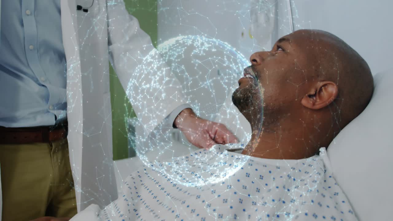 Doctor checking patient pulse with device at hospital while orb pulsing then exchanging handshake
