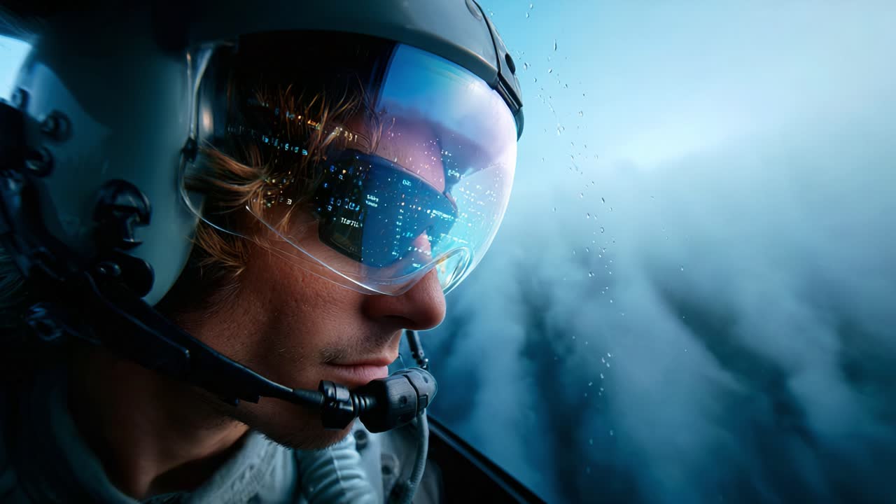 A focused pilot gazes into the depths of an overcast sky, navigating through a mystical cloudscape from the cockpit of an advanced aircraft. The stormy atmosphere enhances this moment of concentration