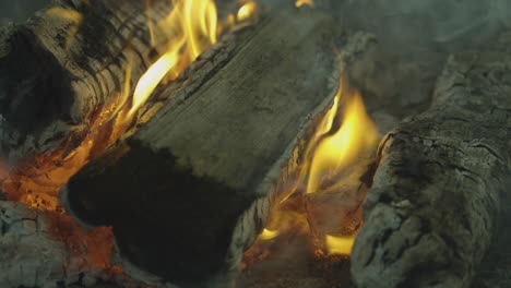 close up of burning woods with fire and smoke in outdoor fireplace