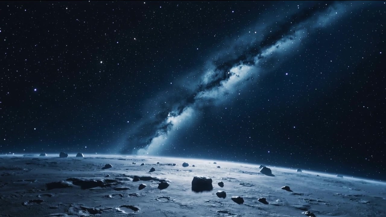 Telecamera che panoramica lentamente rivelando una superficie craterizzata con massi all'orizzonte senza atmosfera, con la fascia della Via Lattea.