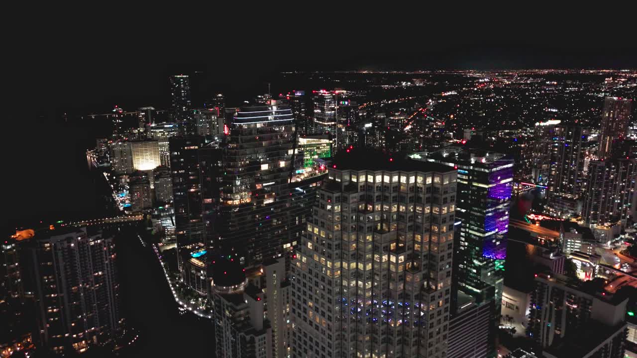 Drone shot of skyscrapers at night in Brickell, Miami