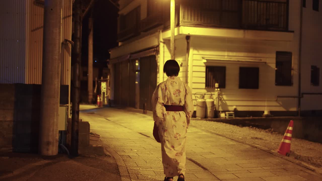 Empty Streets in Rural Japanese Town, Japanese Woman Walking in Yukata