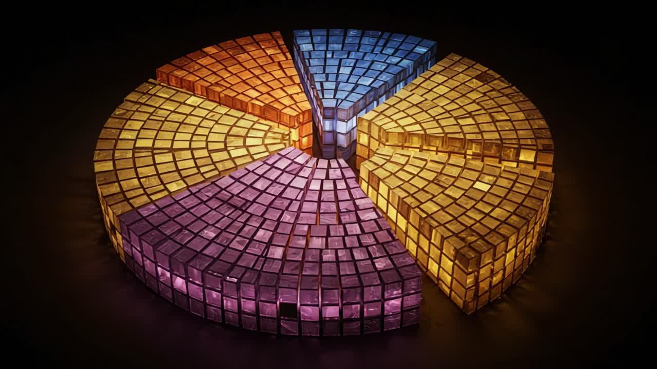 Stunning Geometric Visualization of a Colorful Pie Chart Formed by Multicolored Cubes, Showcasing a Dynamic Perspective in Two Frames